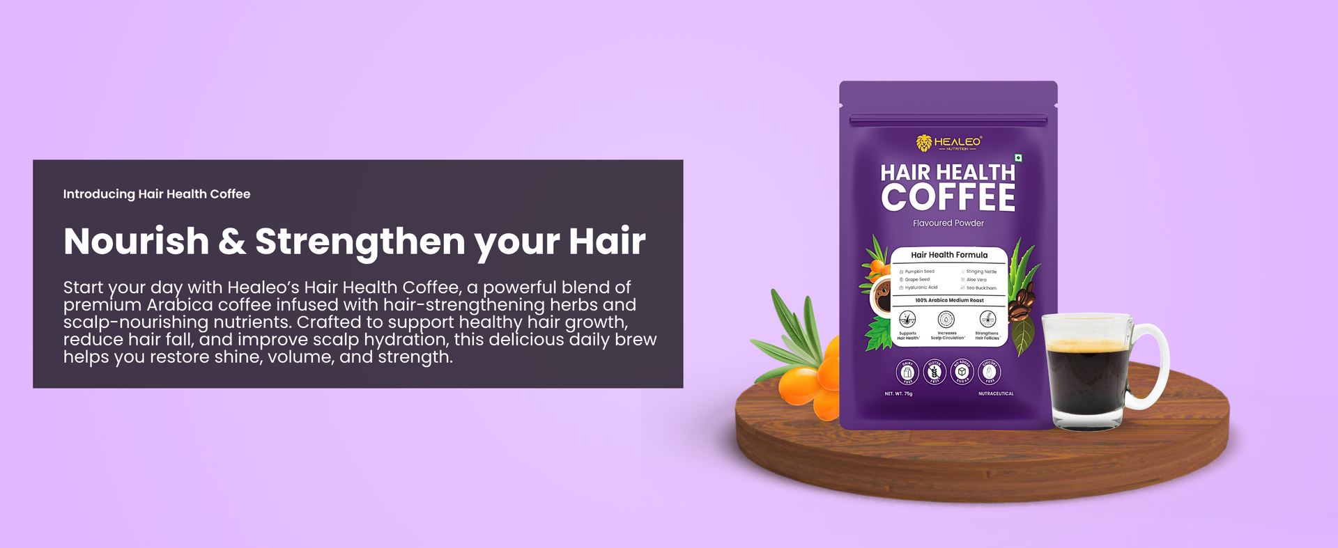 Healeo Hair Health Coffee 75g – Supports Hair Fall Control, Scalp Circulation & Follicle Strength – With Pumpkin Seed, Grape Seed, Stinging Nettle, Aloe Vera, Hyaluronic Acid, Sea Buckthorn – Arabica Medium Roast