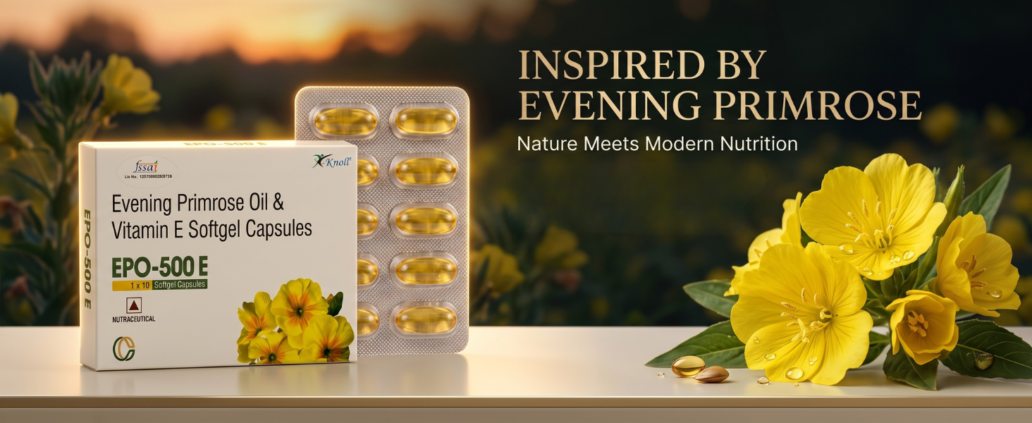Knoll Healthcare EPO-500E Evening Primrose Oil 500 mg with Vitamin E Softgel Capsules | Supports Women’s Wellness, Skin Health & Antioxidant Support | Dietary Supplement (10x10 Capsules)