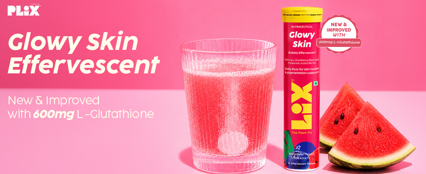PLIX THE PLANT FIX Glowy Skin Bubbly Effervescent for Clear-Looking, Hydrated & Youthful Skin | 600mg Glutathione, Vitamin E & Hyaluronic Acid | No Maltodextrin | Watermelon Flavour | Pack of 2