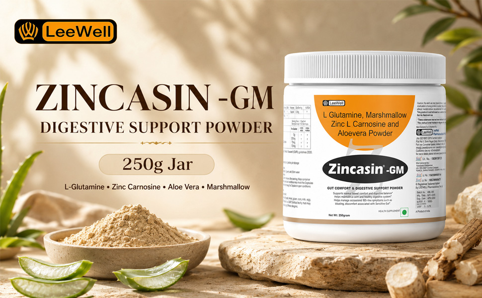 Zincasin -GM (LeeWell) L-GLUTAMINE Pure Powder for Gut health, Zinc carnosine, Aloe Vera, Marshmallow | Gut Lining Repair Support | Support Gut Permeability, Leaky Gut, Intestine Lining, Ulcer Health - 250g Powder