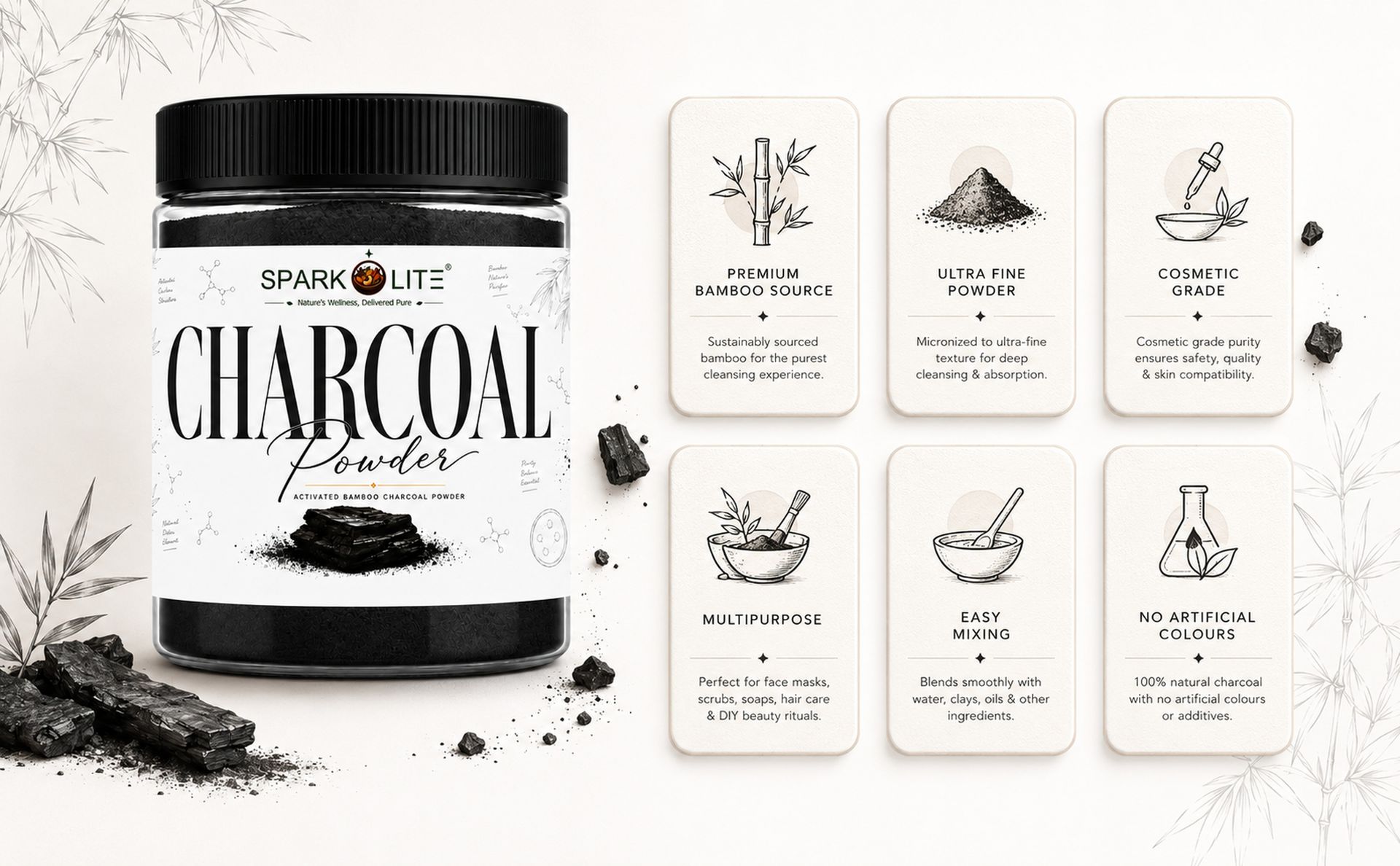 Activated Bamboo Charcoal Powder 100 Gram for Face, Hair & Body | 100% Natural Fine Powder | DIY Face Mask, Body Scrub, Hair Mask & Handmade Soap | Deep Cleansing Cosmetic Grade | No Chemicals