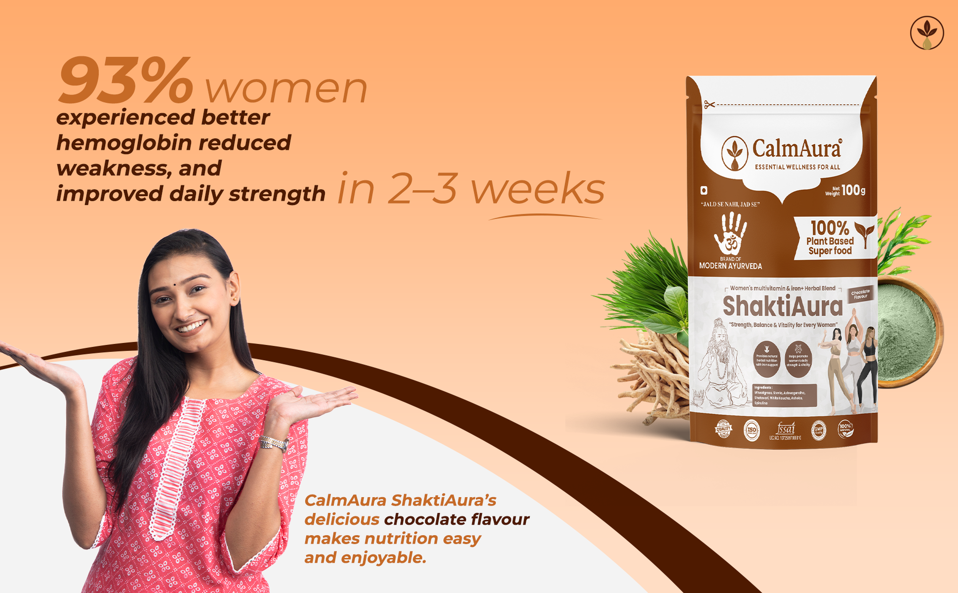 CalmAura ShaktiAura Women’s Ayurvedic Herbal Multivitamin Iron Blend Chocolate Flavour | Plant Based Nutrition for Energy Hormonal Balance Immunity | 100% Natural