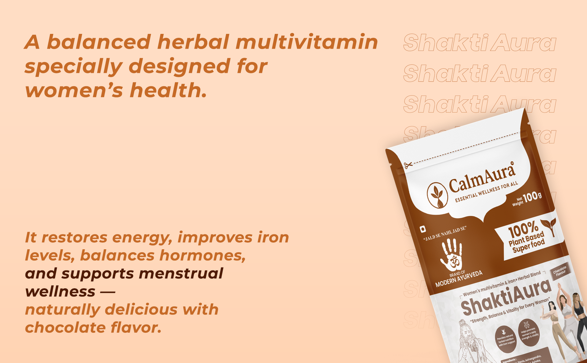 CalmAura ShaktiAura Women’s Ayurvedic Herbal Multivitamin Iron Blend Chocolate Flavour | Plant Based Nutrition for Energy Hormonal Balance Immunity | 100% Natural