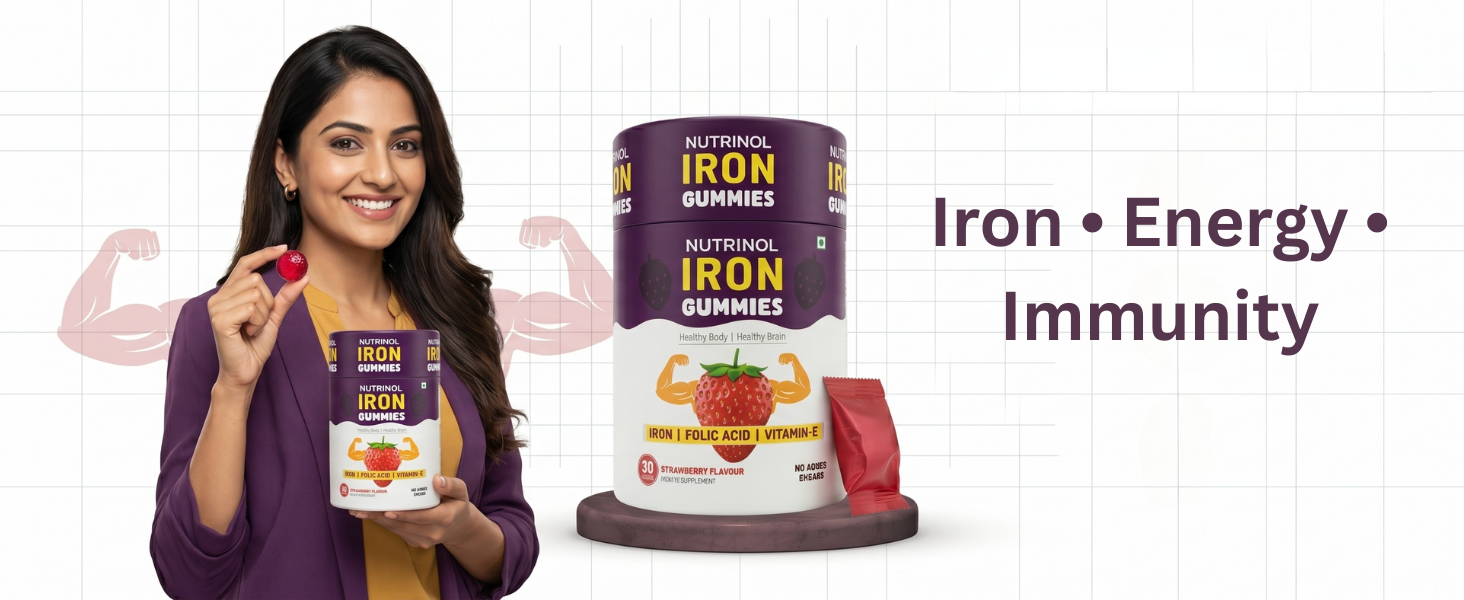 Knoll Healthcare Nutrinol Iron Gummies With Folic Acid & Vitamin E | Strawberry Flavour | No Sugar Added | 30 Gummies | Supports Hemoglobin, Energy & Immunity (Pack Of 2)