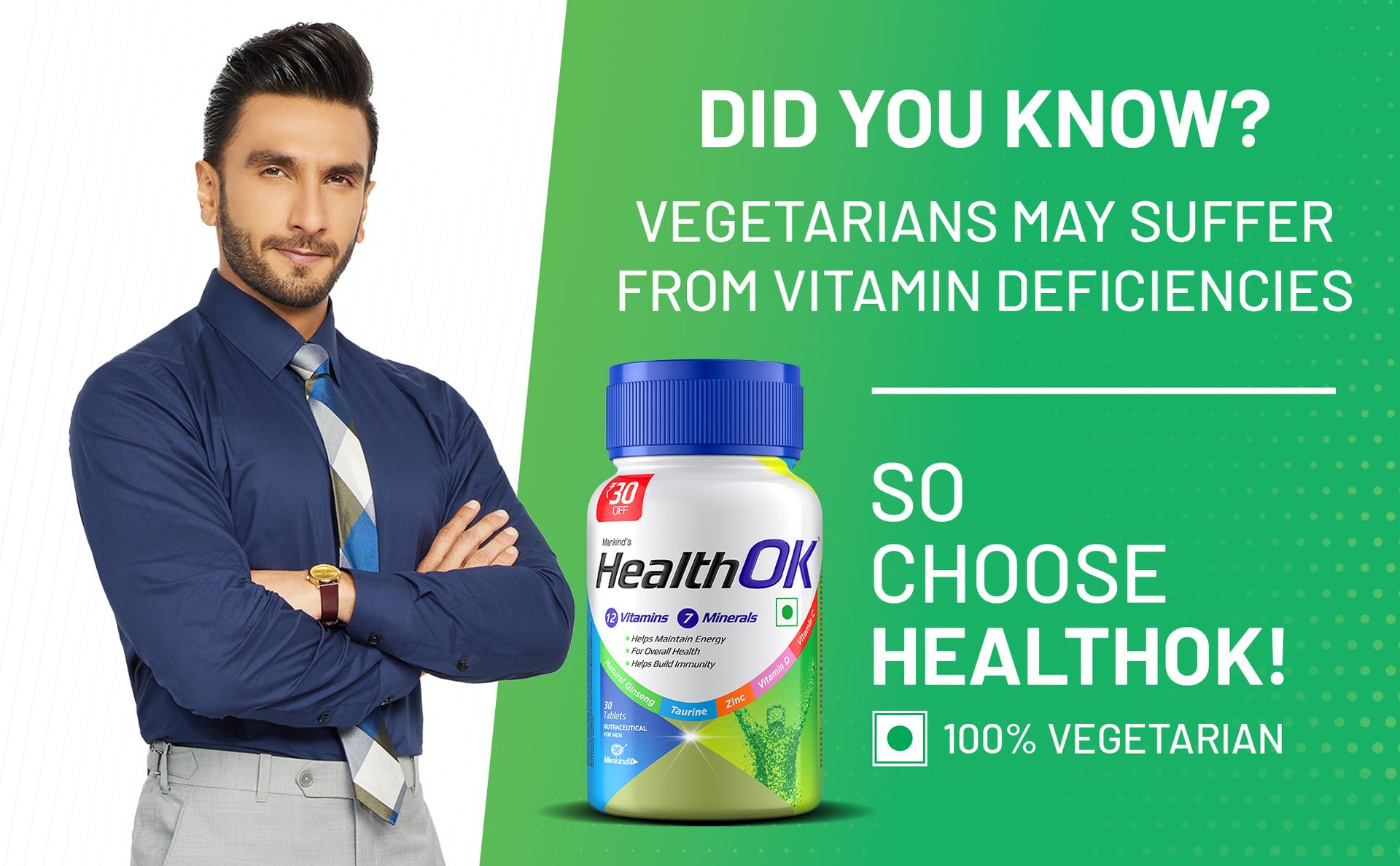 Mankind's Health OK Multivitamin With Natural Ginseng,Taurine Power,Daily Energy,Alertness,Vitamin D,C & Other 18 Multivitamins Minerals,For Overall Health,30 Tablets (Veg) X Pack Of 1, 250 grams