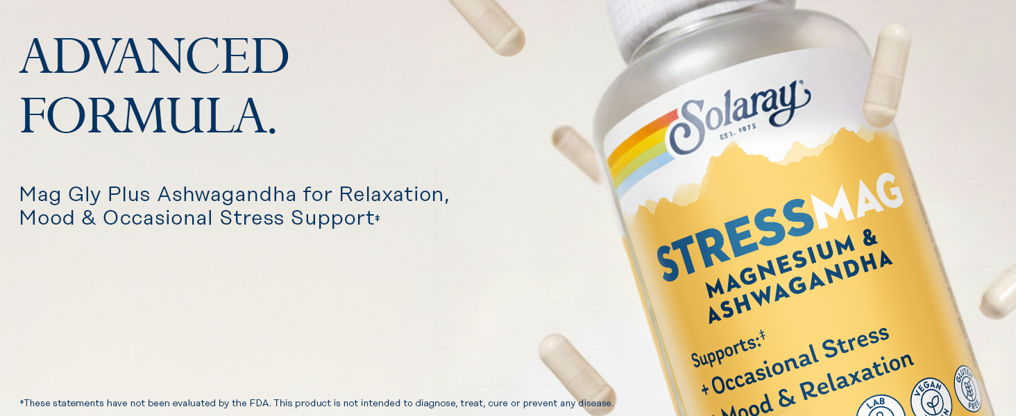 Solaray StressMag – Magnesium Glycinate Plus Ashwagandha for Women and Men - Relaxation, Mood & Occasional Stress Support – Magnesium Supplement with Bisglycinate – 30 Servings, 60 VegCaps