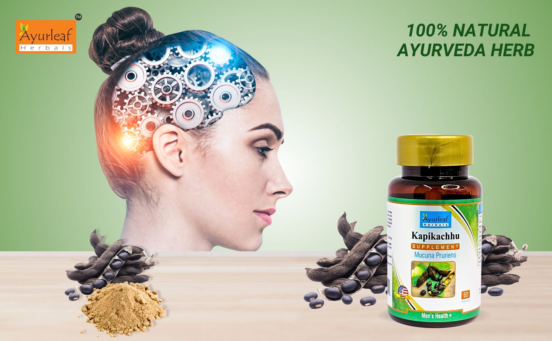 Ayurleaf Herbals Kapikachhu (Mucuna Pruriens) Capsules | Stress Reliever, Improves Brain & Nerve Function | 100% Natural Herb (Pack of 2, 120 Capsules)
