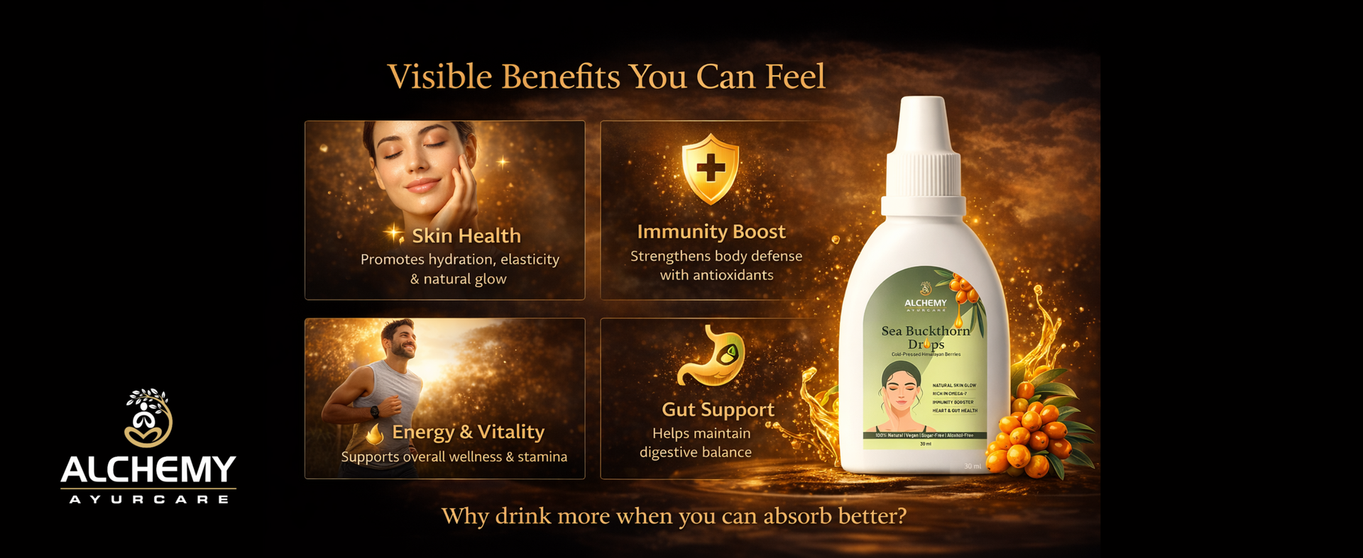 Sea Buckthorn Drops 30ml – Cold-Pressed Himalayan Wild Berry Extract | Rich in Omega 7 + Vitamin C | Natural Skin Glow, Hair Growth & Immunity Booster | Vegan, Sugar-Free, No Preservatives