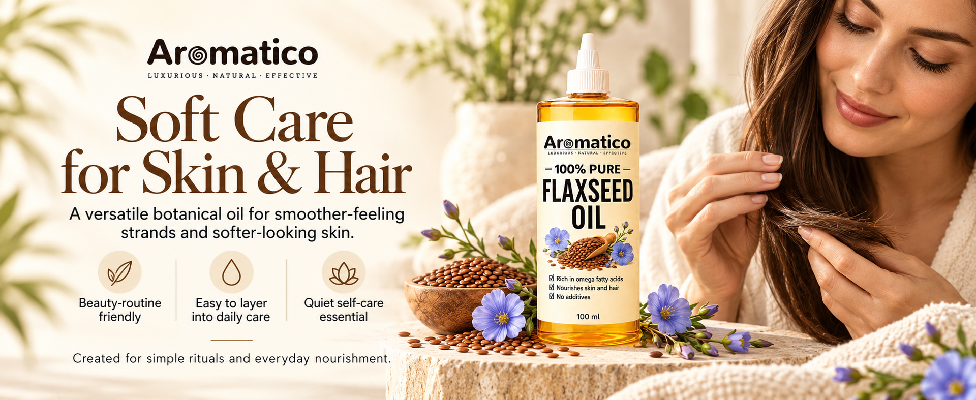 AROMATICO Flaxseed Oil for Skin, Hair, Scalp Massage & Lightweight DIY Beauty Care | Omega 3,6 & 9 Rich for Glowing Skin & Hair Growth - 100ml