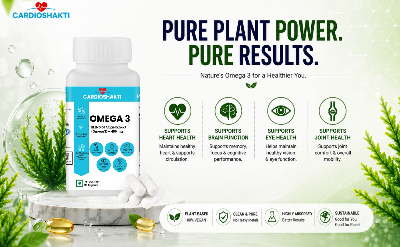 Cardio Shakti Premium Omega 3 Algae Extract 450 mg Vegan Capsules | Plant Based DHA & EPA Supplement for Heart, Brain, Eye & Daily Wellness | 30 Capsules
