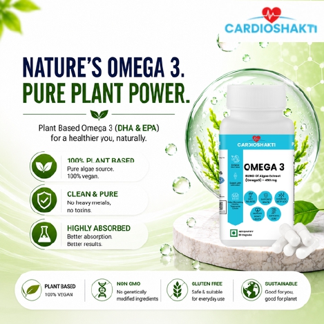 Cardio Shakti Premium Omega 3 Algae Extract 450 mg Vegan Capsules | Plant Based DHA & EPA Supplement for Heart, Brain, Eye & Daily Wellness | 30 Capsules