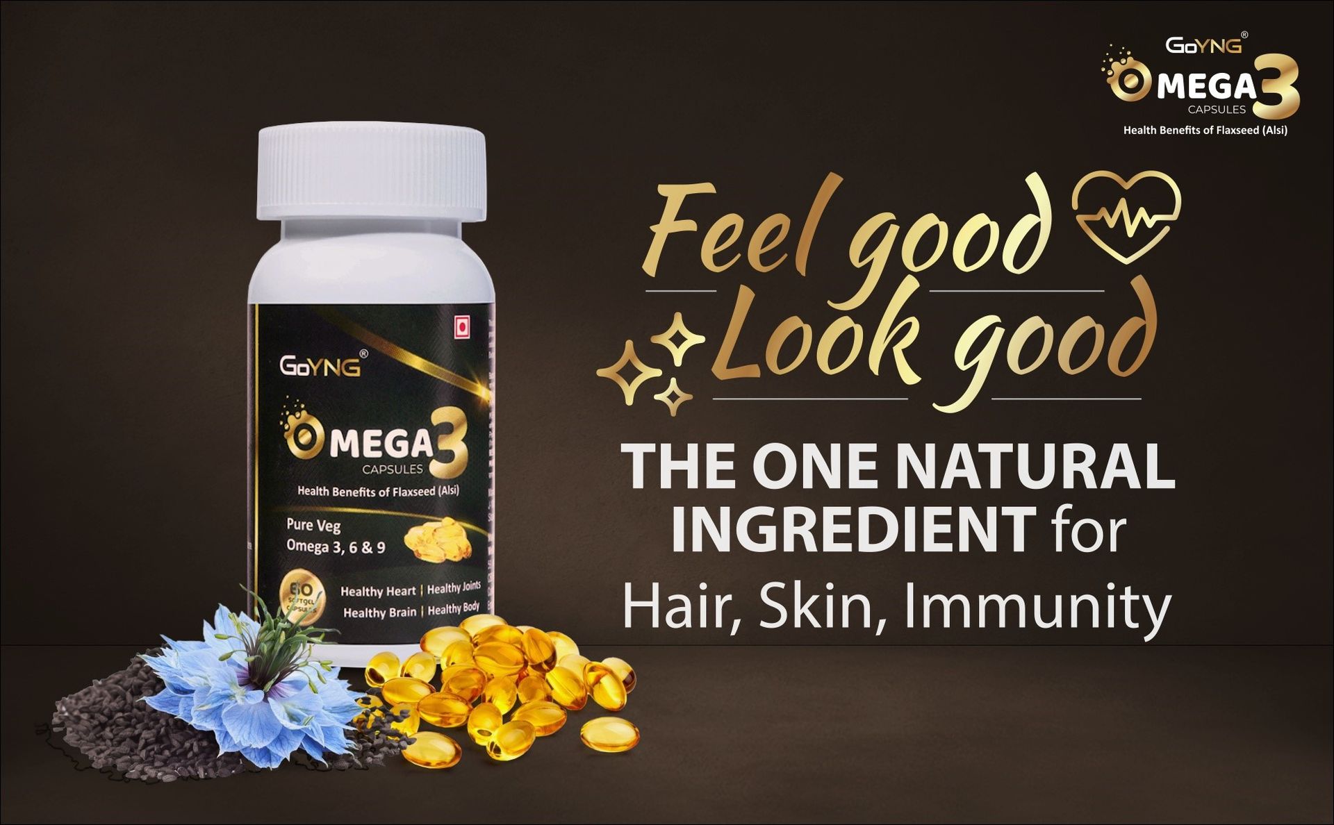 Omega 3 6 9 Vegan Natural Nutrition Supplement for Healthy Heart and Body 30 Veg Capsules