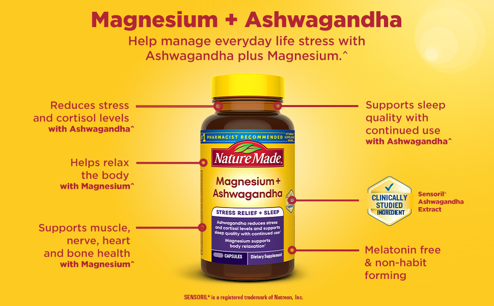 Nature Made Magnesium + Ashwagandha Capsules, 60 Capsules