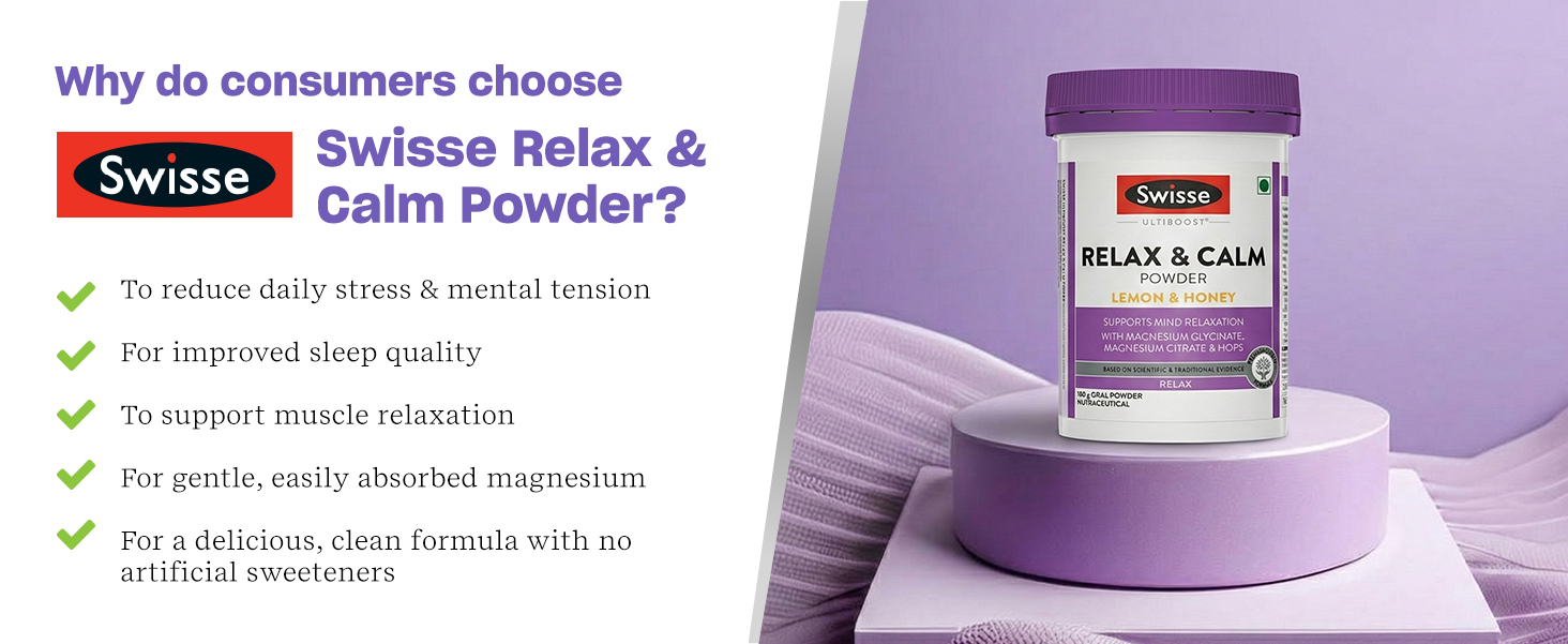 Swisse Relax & Calm Powder – Magnesium Glycinate & Citrate + Hops, Inositol & Choline - Supports Relaxation, Muscle Recovery & Healthy Sleep (Lemon & Honey Flavor, 24 Servings)