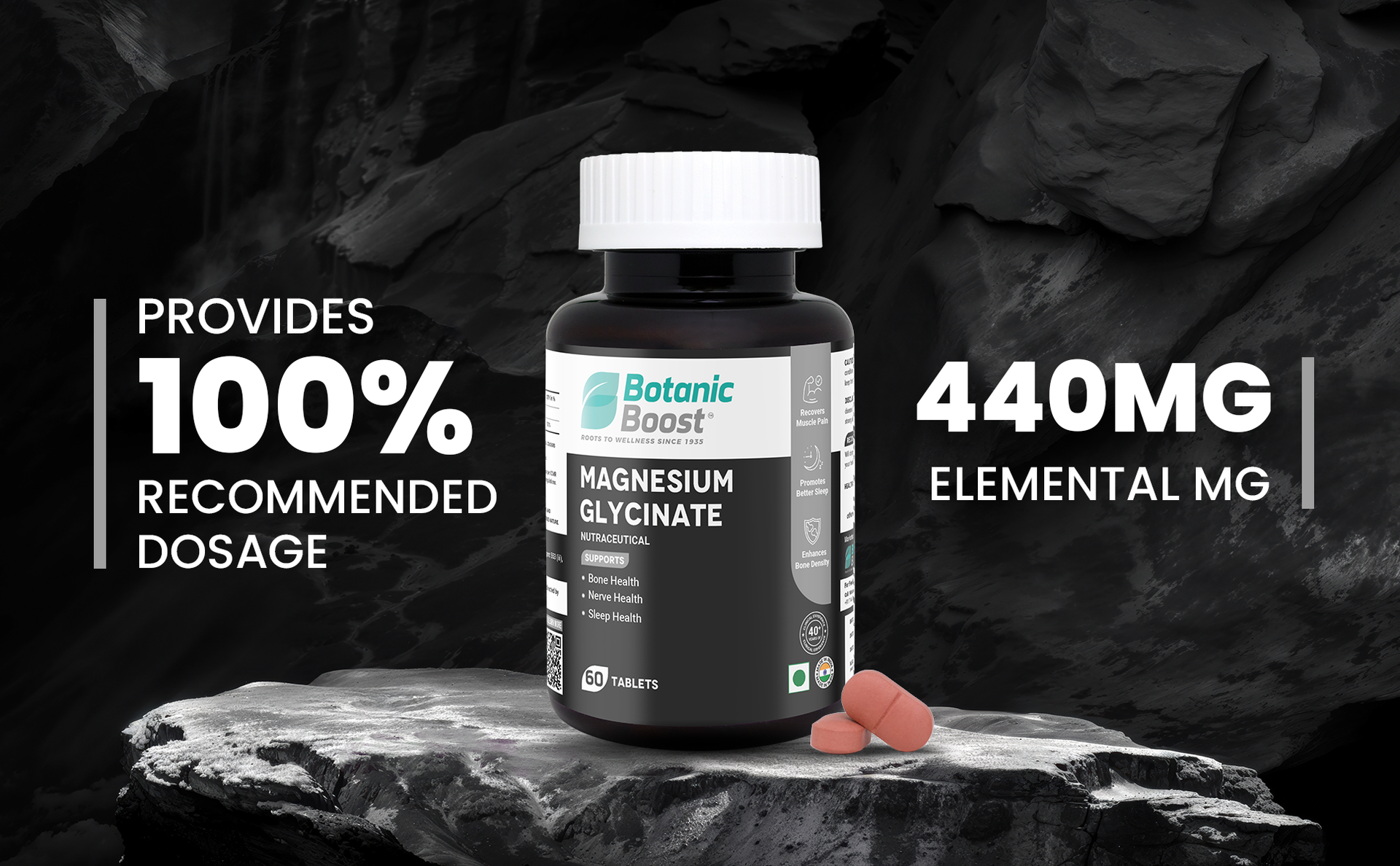 Magnesium Glycinate Tablets 440mg for Adults | Chelated Magnesium Supplement for Muscle Recovery, Bone Strength, Nerve Function, Sleep Support & Relaxation | 60 Tablets