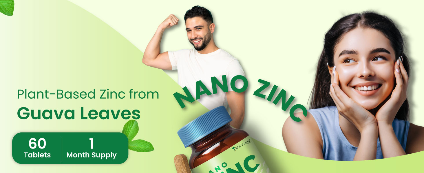 ZEROHARM Zinc Tablets | Guava Leaves Extract | 600mg per Serving | Nano Formulated Zinc For High Absorption | Immunity, Skin, Hair, Bone, Vision & Cognitive Health | For Men & Women | 120 Veg Tablets