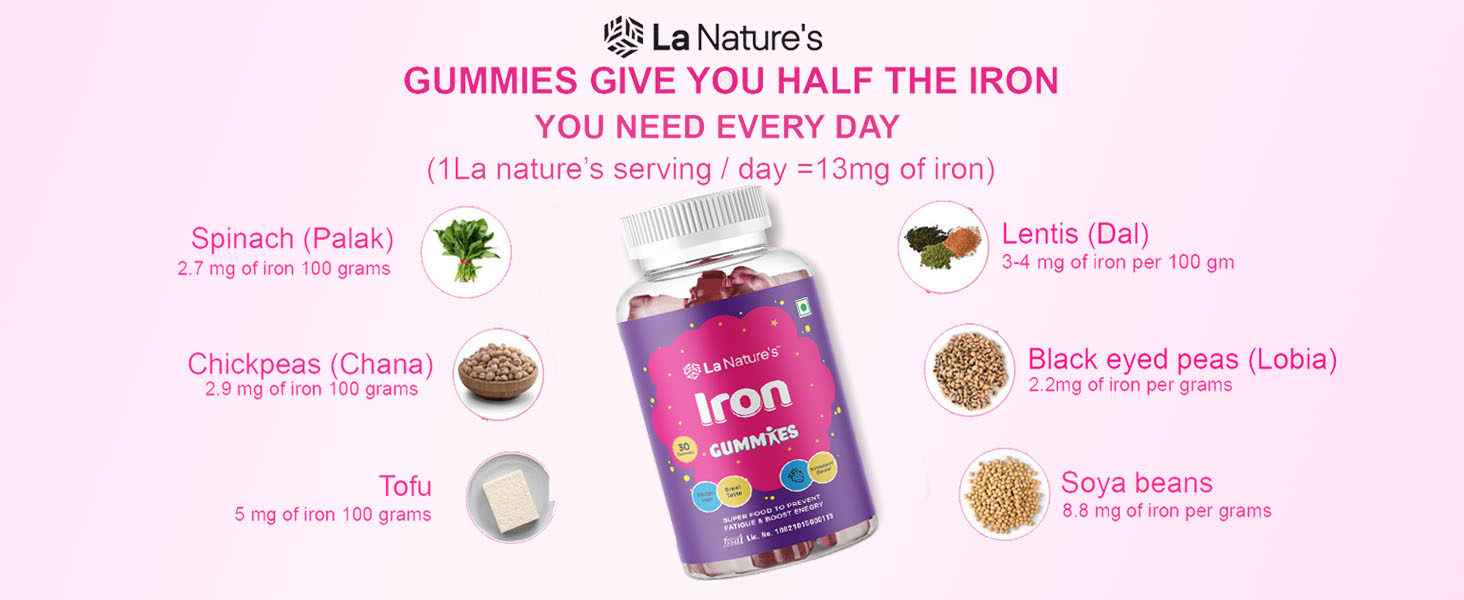 La Nature's Iron Gummies For Kids And Adults Superfood To Prevent Fatigue And Boost Energy Maintain Hameglobin Level Supports Immune System Strawberry Flavour (60 Gummies)
