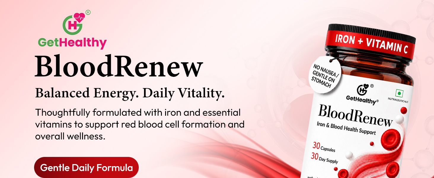 GetHealthy® BloodRenew™ Vegan Iron Supplement for Men & Women | Ferrous Bisglycinate (Iron Bisglycinate) 29mg with Vitamin C, B12, 5-MTHF Folate, Lactiplantibacillus Plantarum 1 Billion CFU, Beetroot & Spirulina | Hemoglobin, Energy & Blood Health Support | 30 Capsules | 30 Day Supply