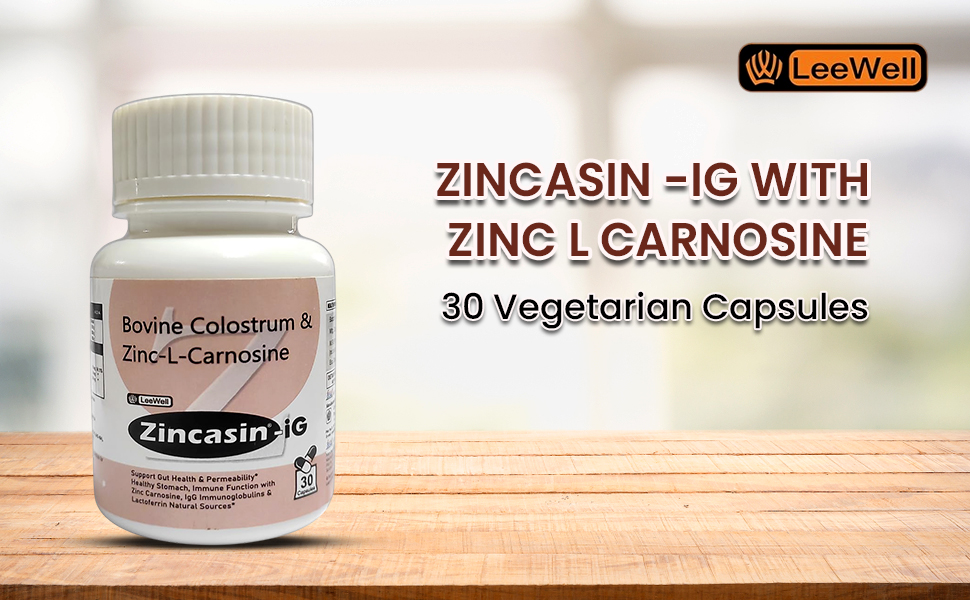 Zincasin -iG (LeeWell) Zinc L Carnosine Complex with Bovine Colostrum 500mg Intestinal Permeability Support, Stomach Lining, Immunity Booster, Digestive Tract & Leaky Gut- 30 Vegetarian Capsules