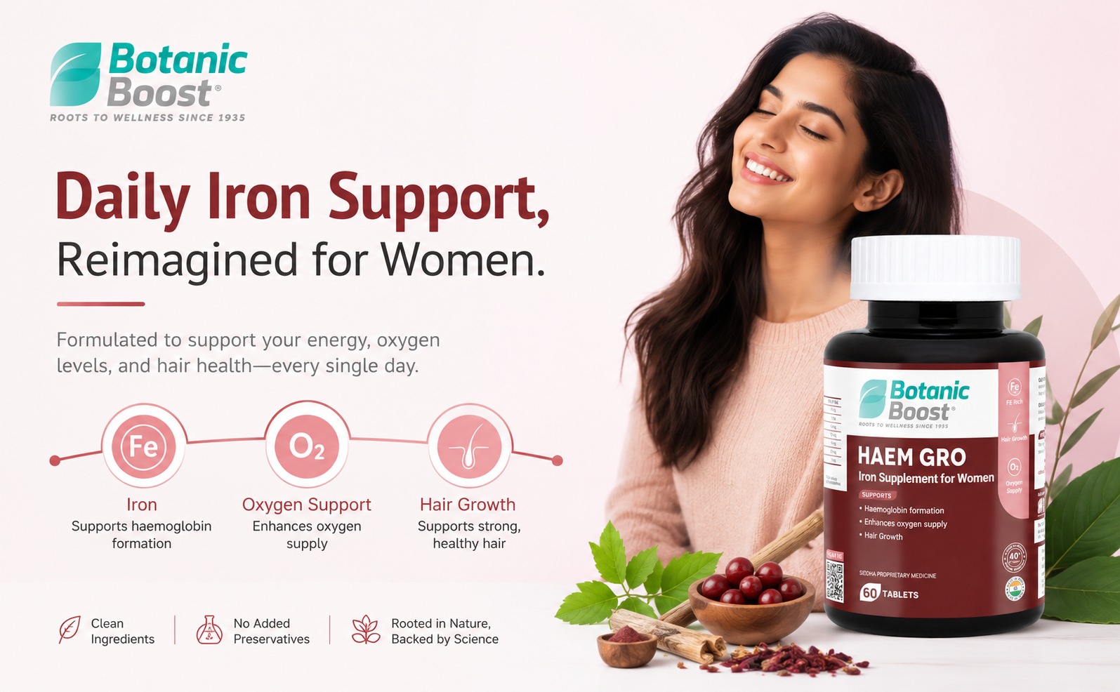Haem Gro Iron Supplement for Women - 60 Tablets - Supports Haemoglobin Formation, Oxygen Supply, Energy, Hair Growth & Women’s Wellness with Ayurvedic Herbs Ashwagandha, Raisins, Sesame
