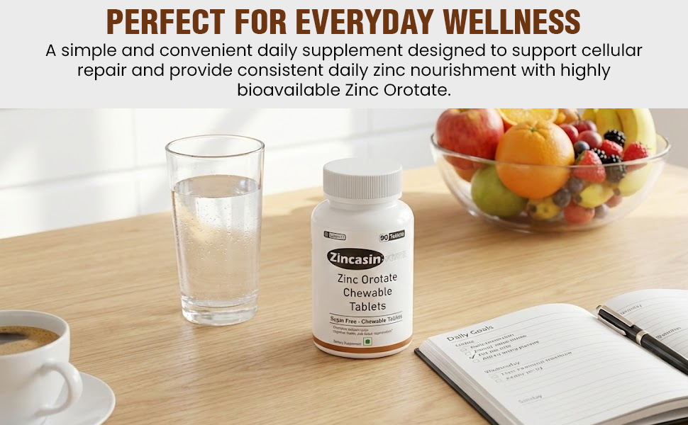 Zincasin Forte (LeeWell) Zinc Orotate Chewable Candy | Zinc Supplement for Immune Support, Skin Health, Hair & Nail Maintenance, Antioxidant, Cellular Repair & Metabolism Support | Daily Zinc Mineral Nutrition - 90 tablets