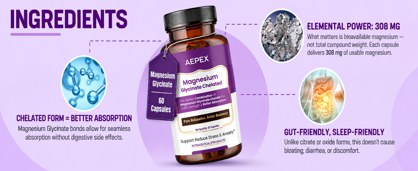 Magnesium Glycinate 308 mg, 60 Capsules | Supports Better Sleep Quality & Muscle Recovery | Trustified Certified