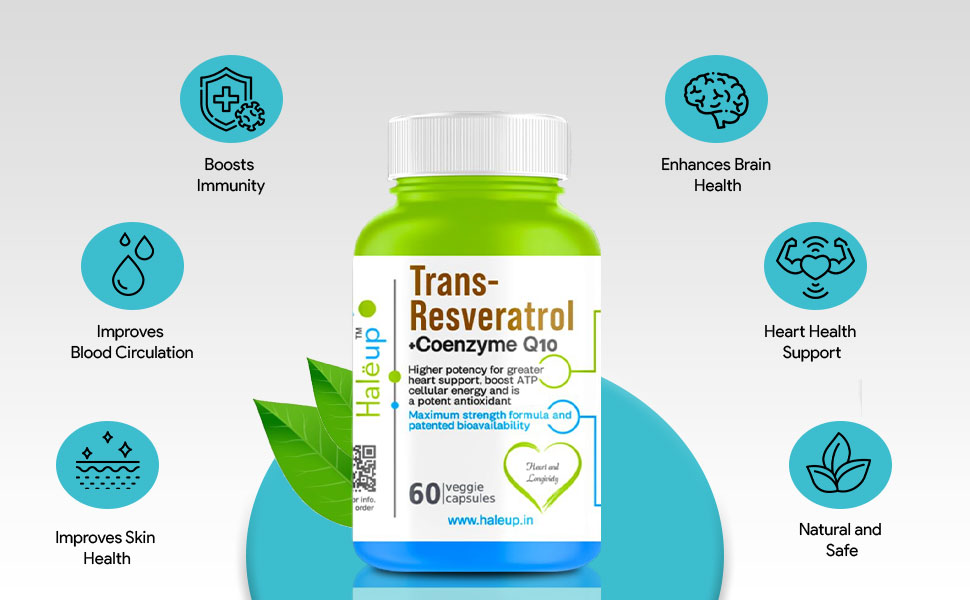 Haleup Trans Resveratrol, 500 mg || 60 capsules II Enriched with Coenzyme Q10 || Healthy Heart|| Brain|| Immunity