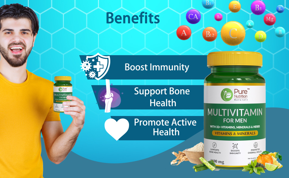 Pure Nutrition Multivitamin for Men 1400mg | 120 Veg Tablets (60x2) | Multivitamin Tablet for Men with 32+ Vitamins, Minerals & Herbs | Biotin, Ginseng, Moringa & Green Tea | Supports Immunity, Energy & Bone Health