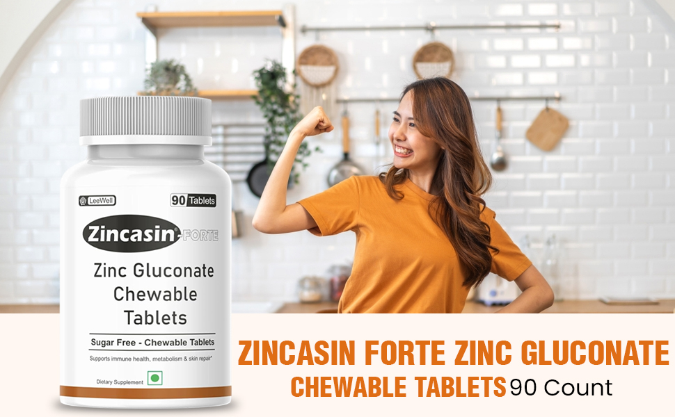 Zincasin Forte (LeeWell) Zinc Gluconate Chewable Candy | Zinc Supplements for Immune Support, Skin Health, Hair & Nail Maintenance | Metabolism Support | Daily Zinc Mineral Supplement - 90 Tablets