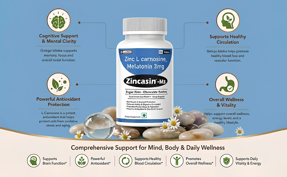 Zincasin -M3 (LeeWell) Chewable Zinc Carnosine, Melatonin 3mg | Support Night time gastrointestinal (GI) health, gut barrier integrity, restorative sleep, Leaky Gut Health, Gastric Ulcer Support - 60 Tablets