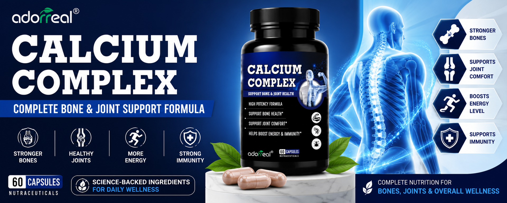 Calcium Complex Capsules with Calcium, Magnesium, Vitamin D3 & Zinc | Bone Health & Muscle Function Support | Supports Energy & Immunity | Vegetarian Capsules | 60 Capsules