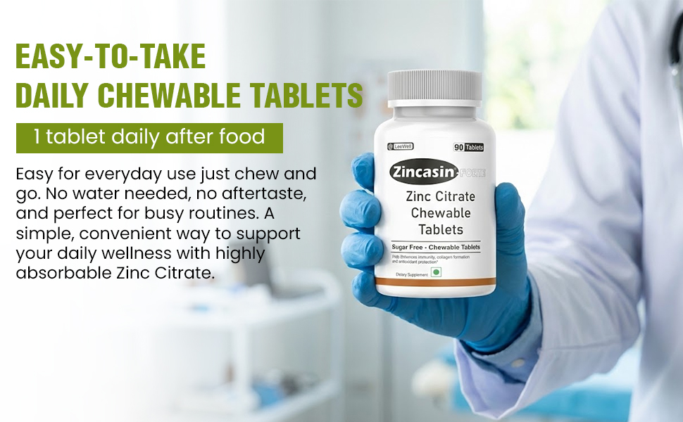Zincasin Forte (LeeWell) Zinc Citrate Chewable Candy | Zinc Supplement for Immune Support, Skin Health, Hair & Nail Maintenance, Antioxidant & Normal Metabolism Support | Daily Zinc Supplements - 90 Count