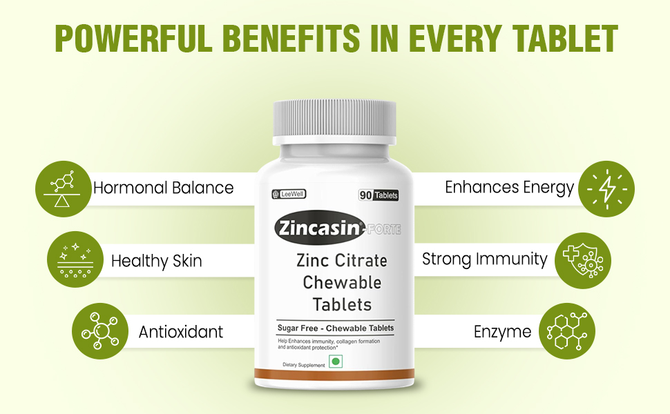 Zincasin Forte (LeeWell) Zinc Citrate Chewable Candy | Zinc Supplement for Immune Support, Skin Health, Hair & Nail Maintenance, Antioxidant & Normal Metabolism Support | Daily Zinc Supplements - 90 Count