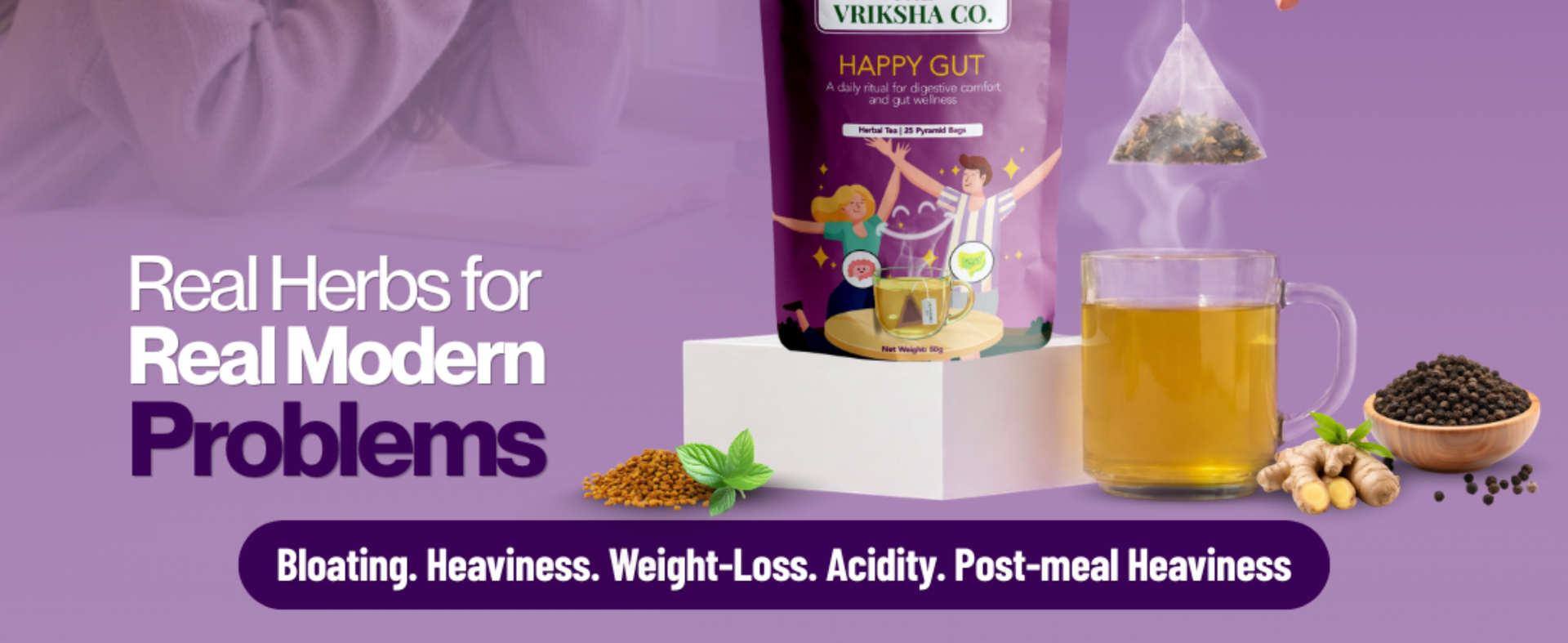 The Vriksha Co. Happy Gut Green Tea for Weight Loss, Gas, Heaviness, Bloating, Digestion, & Metabolism | Ashwagandha, Lemon Grass, Tulsi, Turmeric | Herbal Tea | 75 Plant-Based Pyramid Tea Bags | 150g (Pack of 3)