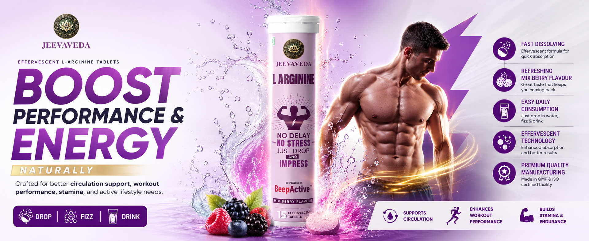 L-Arginine Effervescent Tablets | 750mg L-Arginine with L-Citrulline, Natural Caffeine, Brahmi, Shatavari & Beep Active | Mixed Berry Flavour | Pack of 2 Tubes (30 Tablets) | Daily Strength & Stamina Drink | Zero Sugar