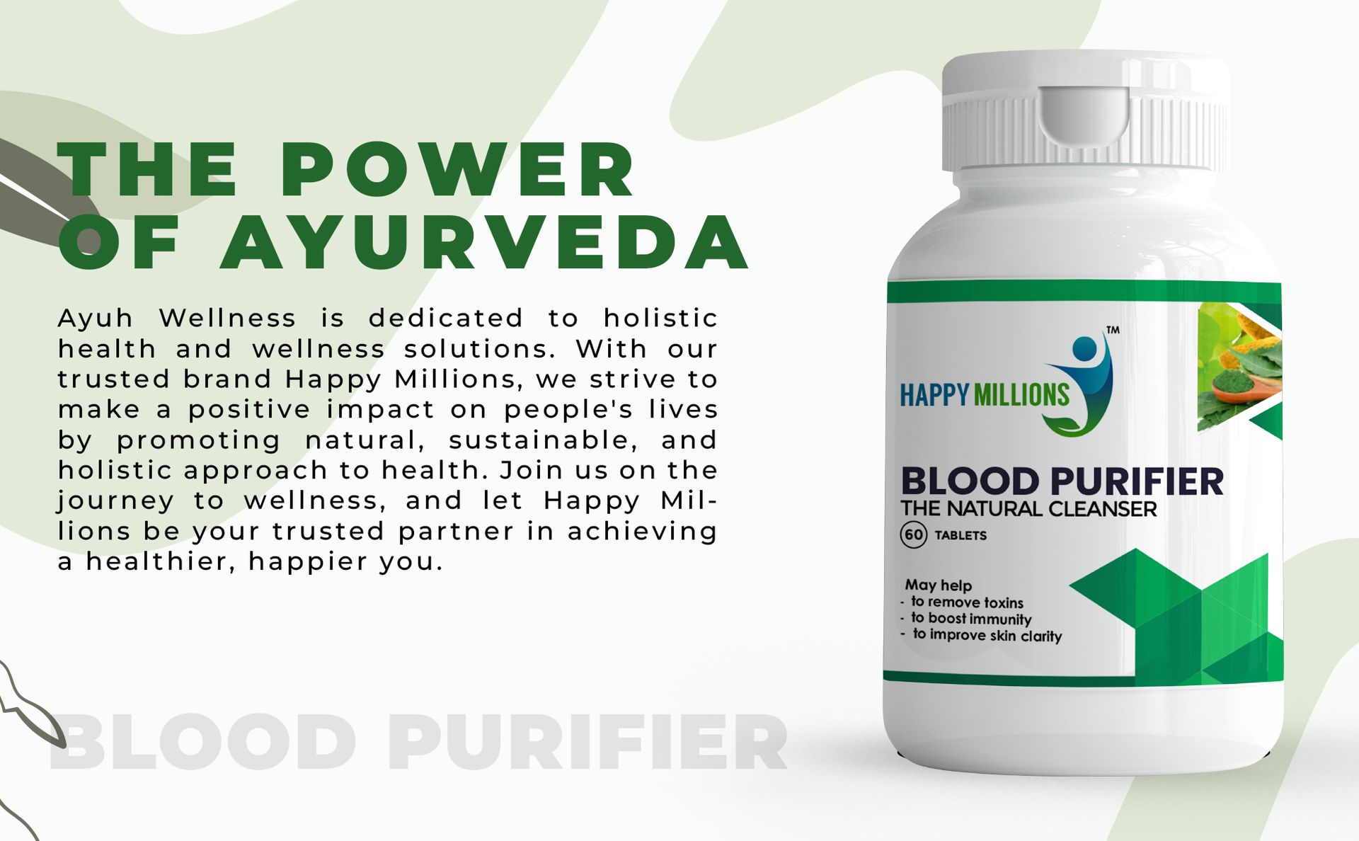 HappyMillions Blood Purifier Ayurvedic Detox for Clear Skin & Pimples Reduction Boosts Immunity with Neem, Giloy, Amla & Haldi Supports Liver Health 2 Tablets Daily For Healthcare Advised 60 Tablets