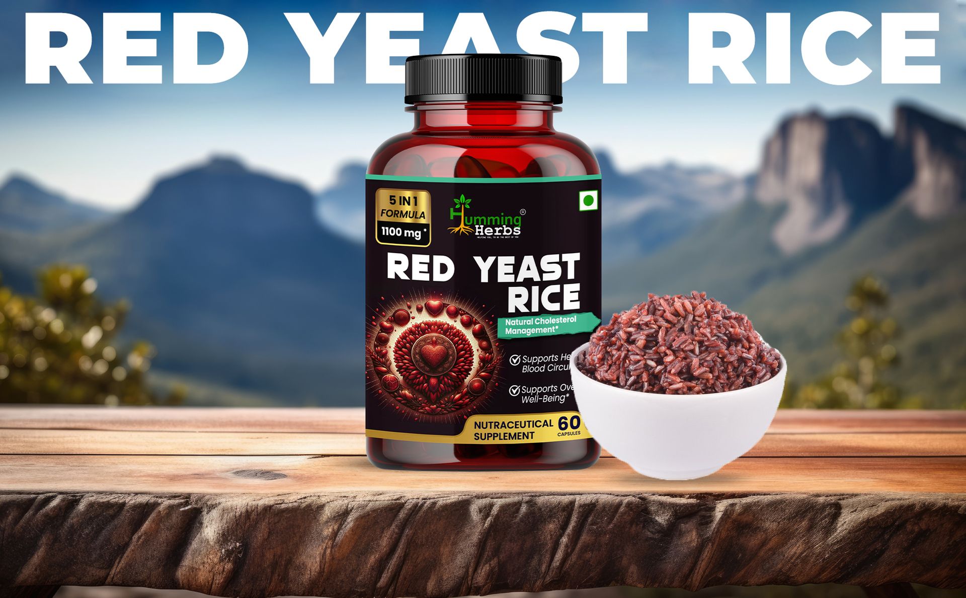 Humming Herbs Red Yeast Rice 500mg Capsules - Natural Cholesterol Support with CoQ10, Policosanol, Lycopene & Beta-Sitosterol - Promotes Heart Health & Blood Circulation - Vegan, Non-GMO