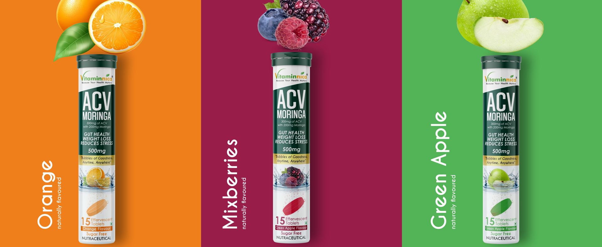 Vitaminnica ACV Moringa- 15 Effervescent Tablets | Apple Cider Vinegar + Moringa for Detox, Weight Management & Gut Health | Fast-Absorbing, Zero Sugar- Green Apple (Pack of 1)
