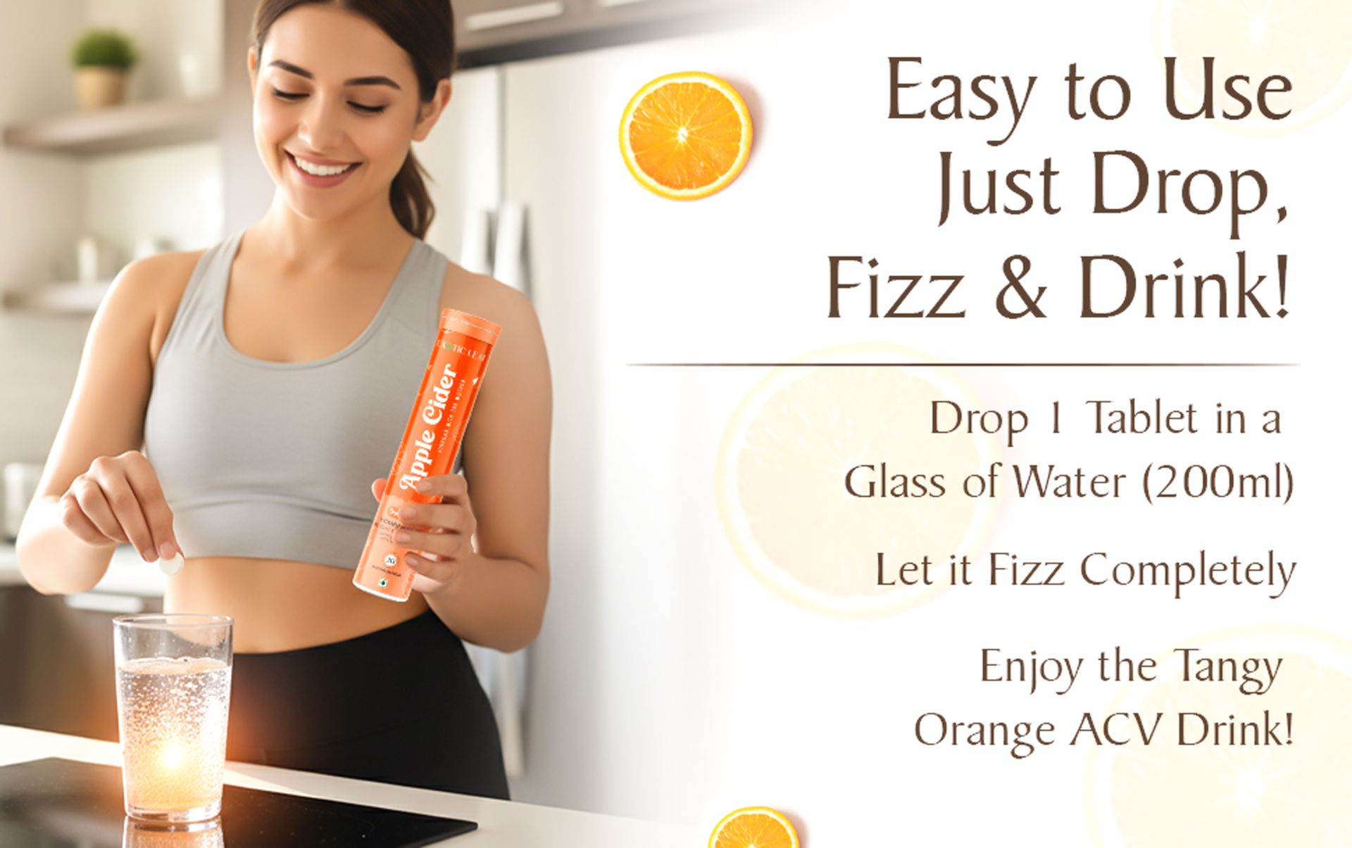 Apple Cider Vinegar Effervescent Tablets Orange Flavour | With the Mother | Supports Digestion, Detox, Metabolism & Weight Management | 20 Effervescent Tablets Pack