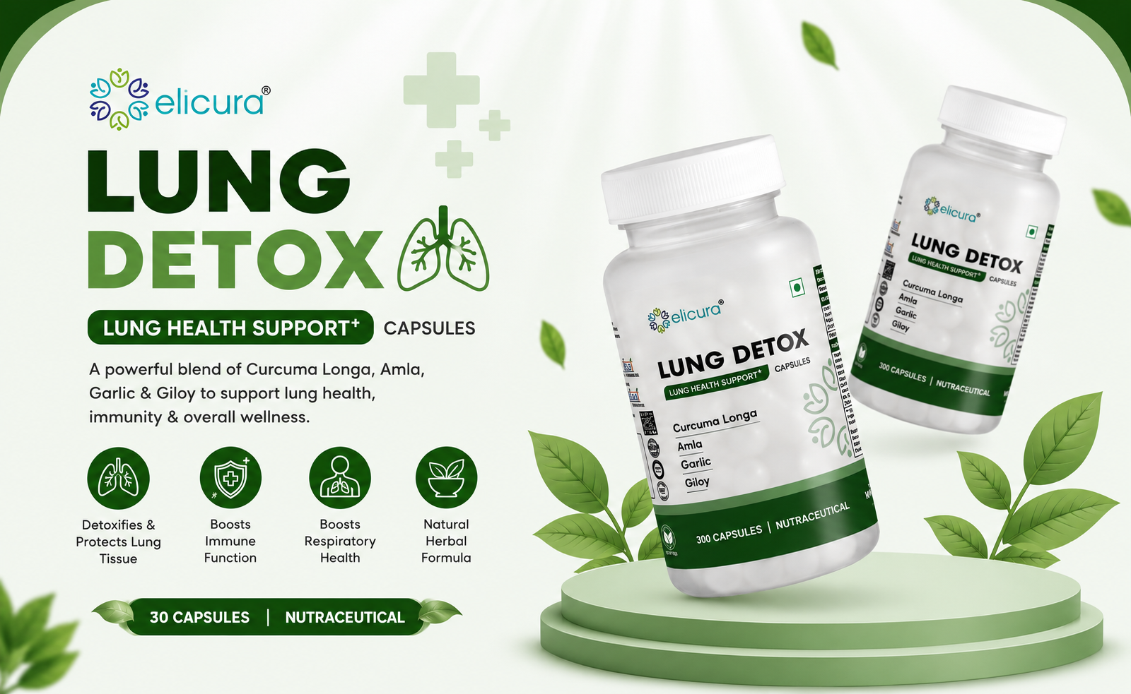 Lung Detox Supplement | Curcuma Longa, Amla, Garlic, and Giloy | Plant-based formula for Lung Health, Respiratory Support, and Detoxification | Helps Cleanse Toxins, Boost Immunity, and Improve Breathing -30 Veg Capsules