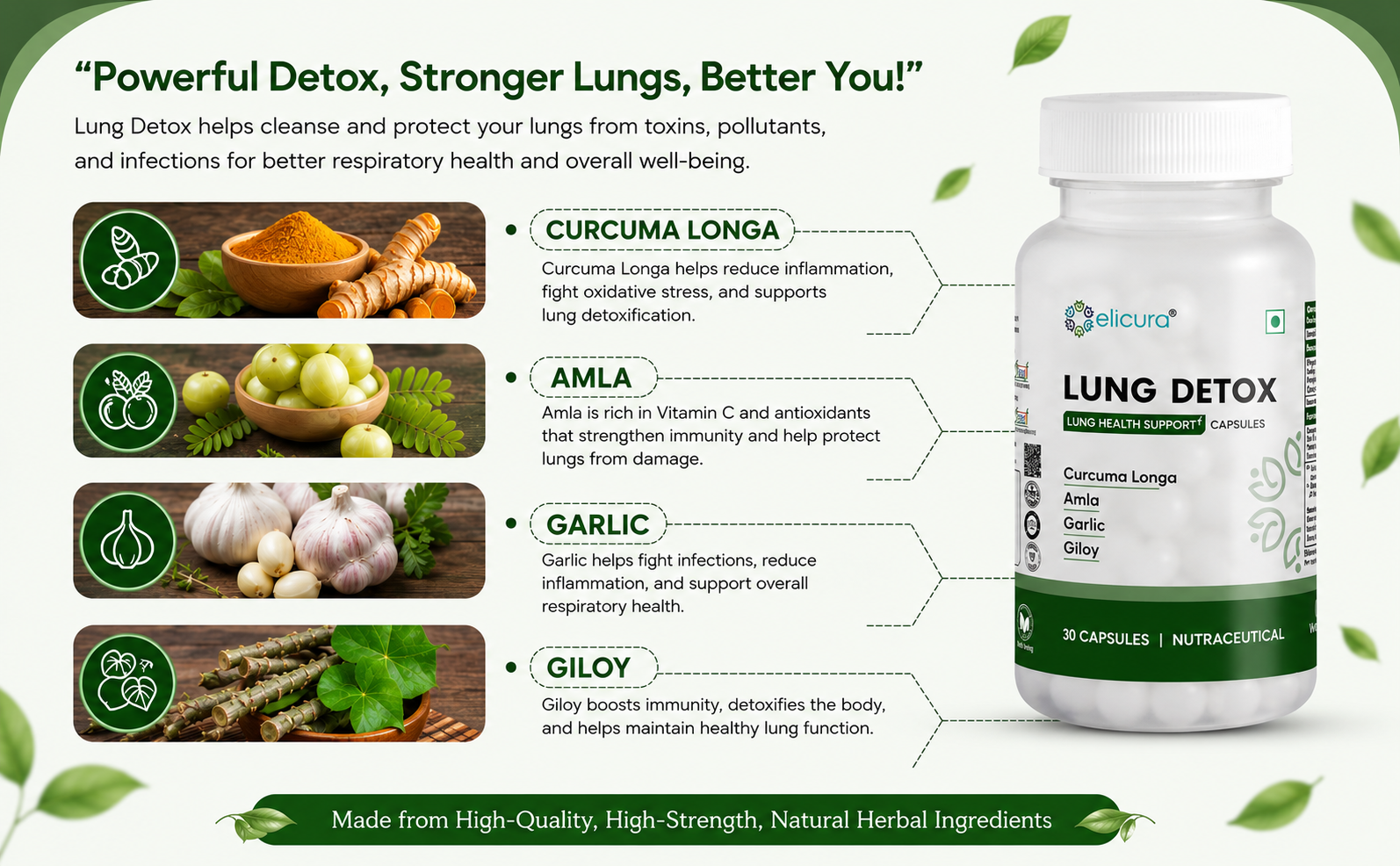 Lung Detox Supplement | Curcuma Longa, Amla, Garlic, and Giloy | Plant-based formula for Lung Health, Respiratory Support, and Detoxification | Helps Cleanse Toxins, Boost Immunity, and Improve Breathing -30 Veg Capsules