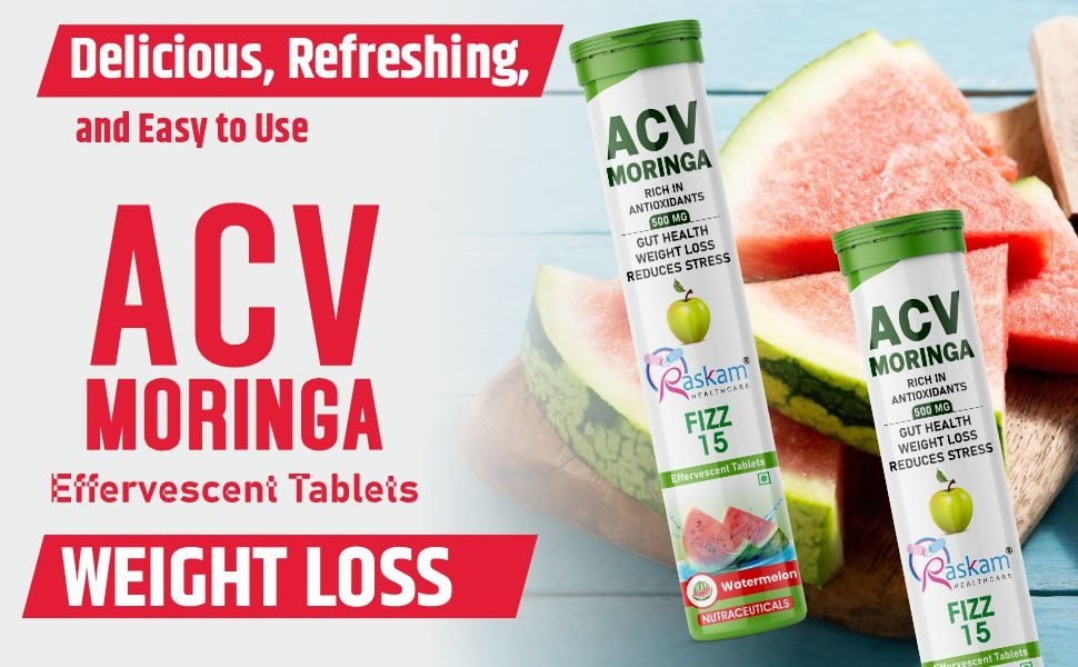 ACV Moringa 15 Effervescent Tablets 500mg Apple Cider Vinegar With No Added Sugar For Gut Health | Immunity Booster | Weight Loss | (Pack of 1, Refreshing Watermelon Flavour)