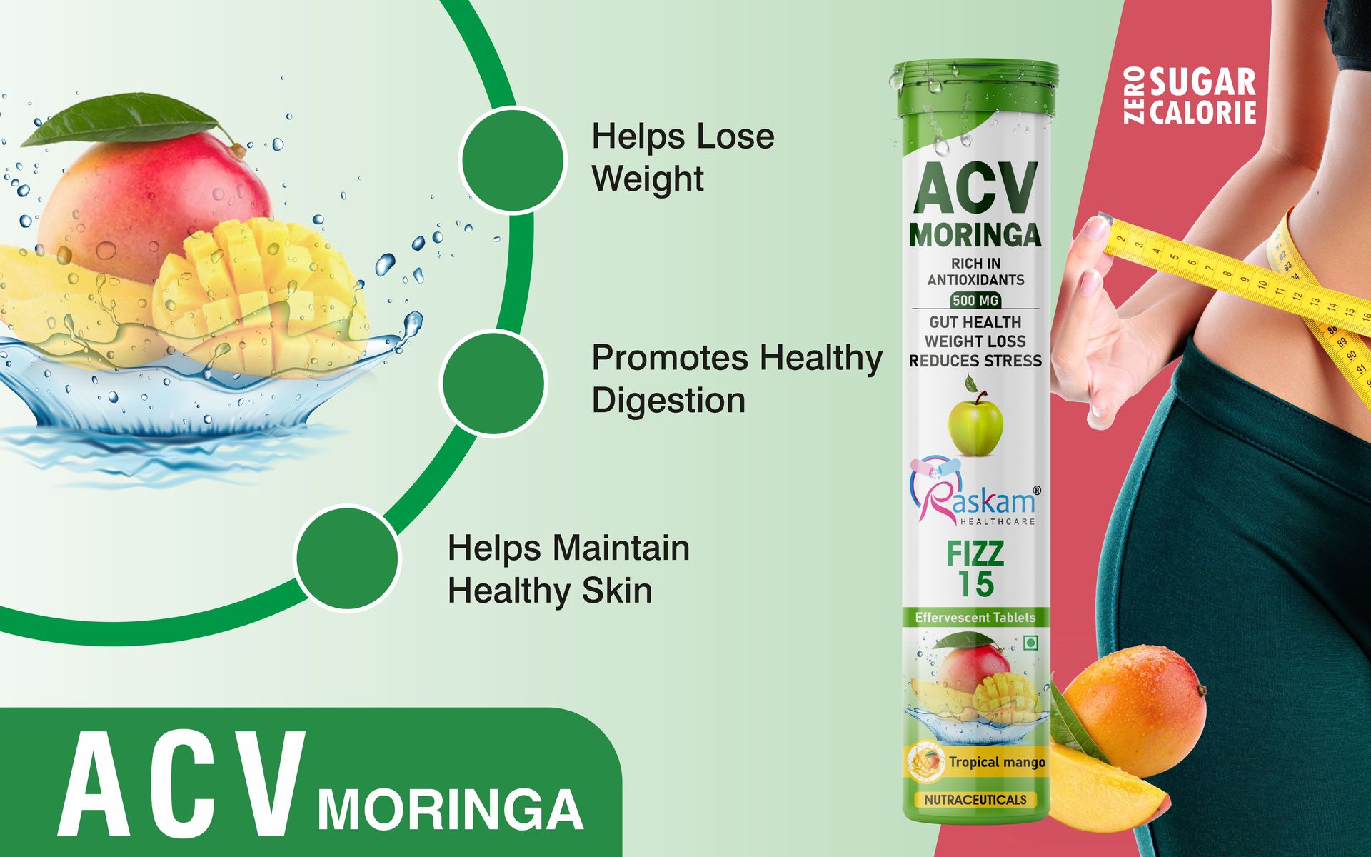 ACV Moringa Antioxidant Effervescent Tablets 500mg – Tropical Mango Flavor, Immunity & Energy Support – 15 Fizz Tabs (Pack of 5)