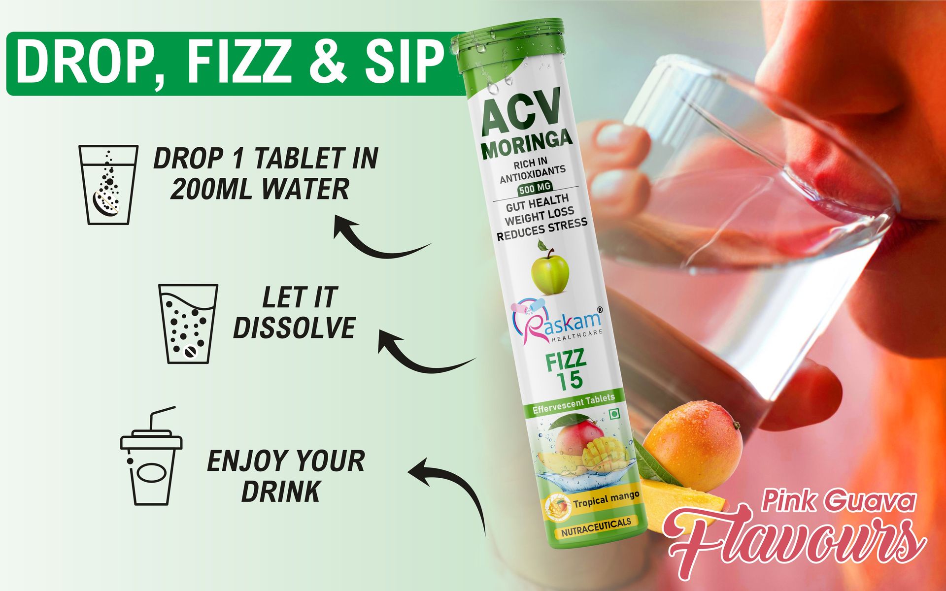 Apple Cider Vinegar Moringa Fizz Tablets 500mg – Tropical Mango Flavor, No Added Sugar, Supports Gut Health & Immunity – 15 Effervescent Tabs (Pack of 3)