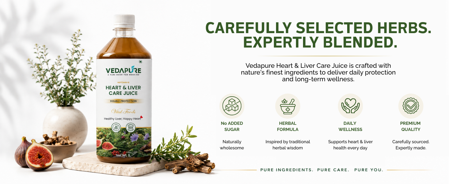 VEDAPURE Heart & Liver Care Juice 1000ml | Ayurvedic Liver Detox & Heart Health Juice | Herbal Liver Cleanse with Kasni, Revand Chini, Anjeer & Fennel | No Added Sugar | GMP Certified (Pack of 2)