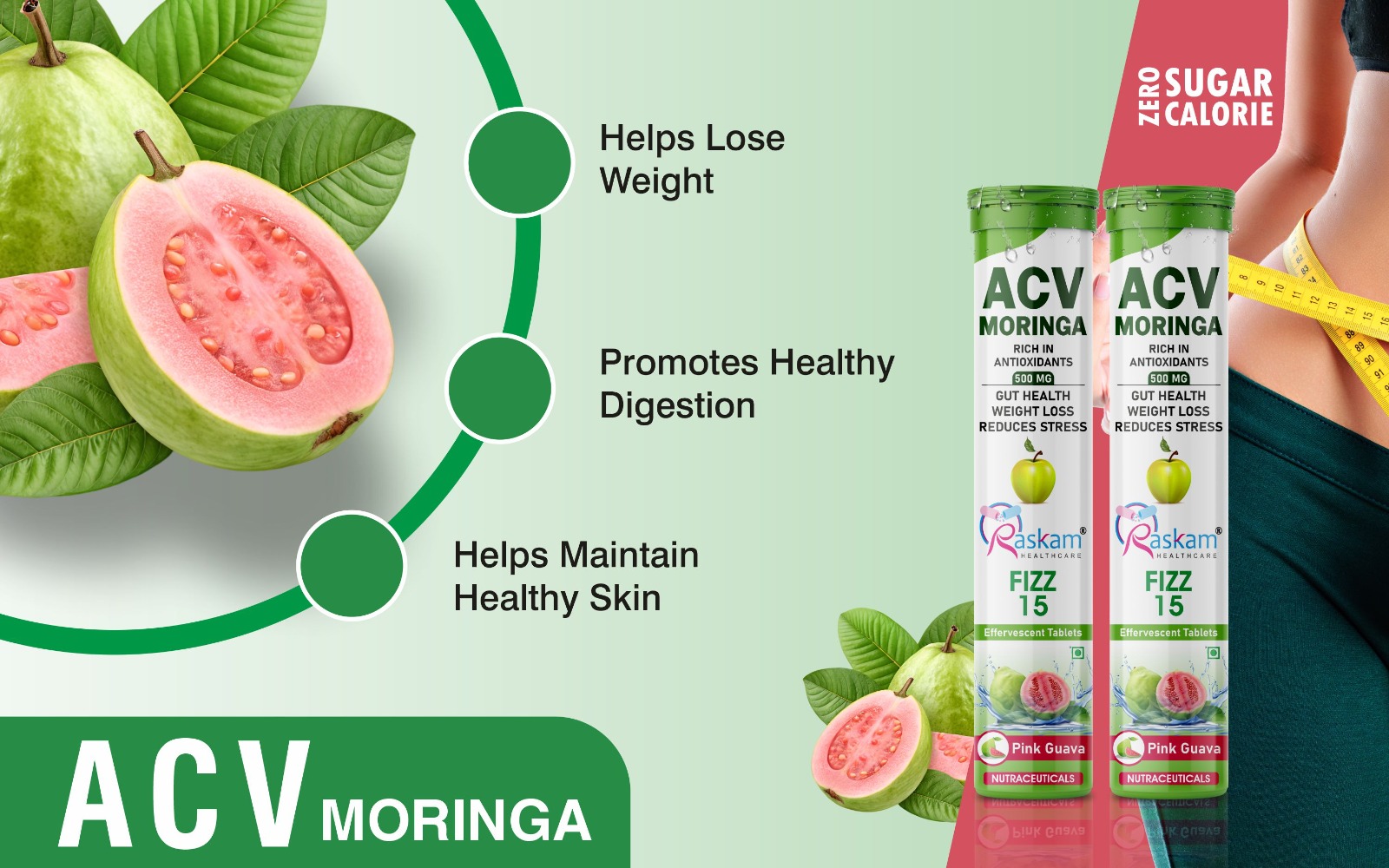 ACV Moringa Effervescent Drink Tablets 500mg – Pink Guava, Antioxidant Immunity Booster, No Sugar Added – 15 Fizz Tabs (Pack of 6)