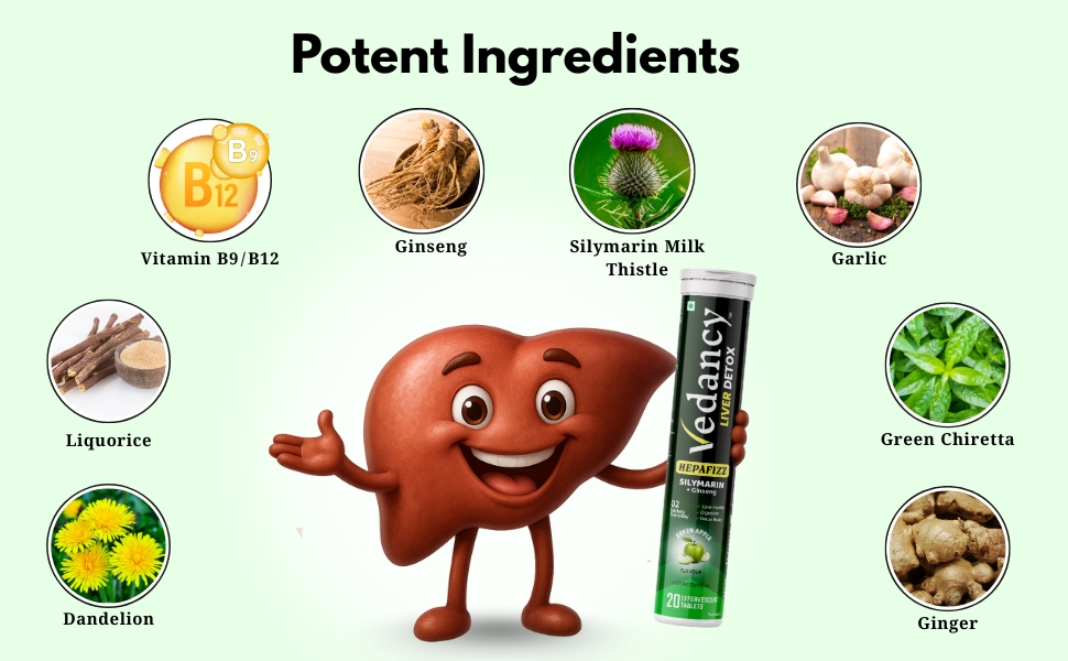 HepaFizz Advanced Liver Detox Tablets High-Potency Milk Thistle Silymarin 250 mg + Vitamin B9 & B12 6 Ayurvedic Herbs Refreshing Green Apple Flavor | WHO-GMP, Vegan & Sugar-Free (Pack Of 1)