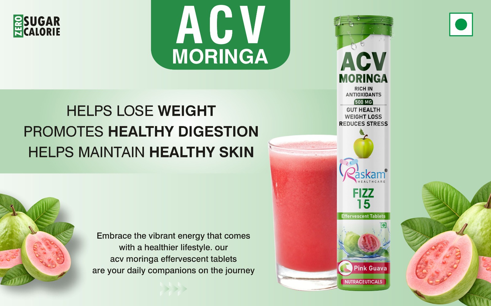 Apple Cider Vinegar Moringa Fizz Tablets 500mg – Pink Guava Flavor, Natural Energy & Appetite Support – 15 Effervescent Tabs (Pack of 5)