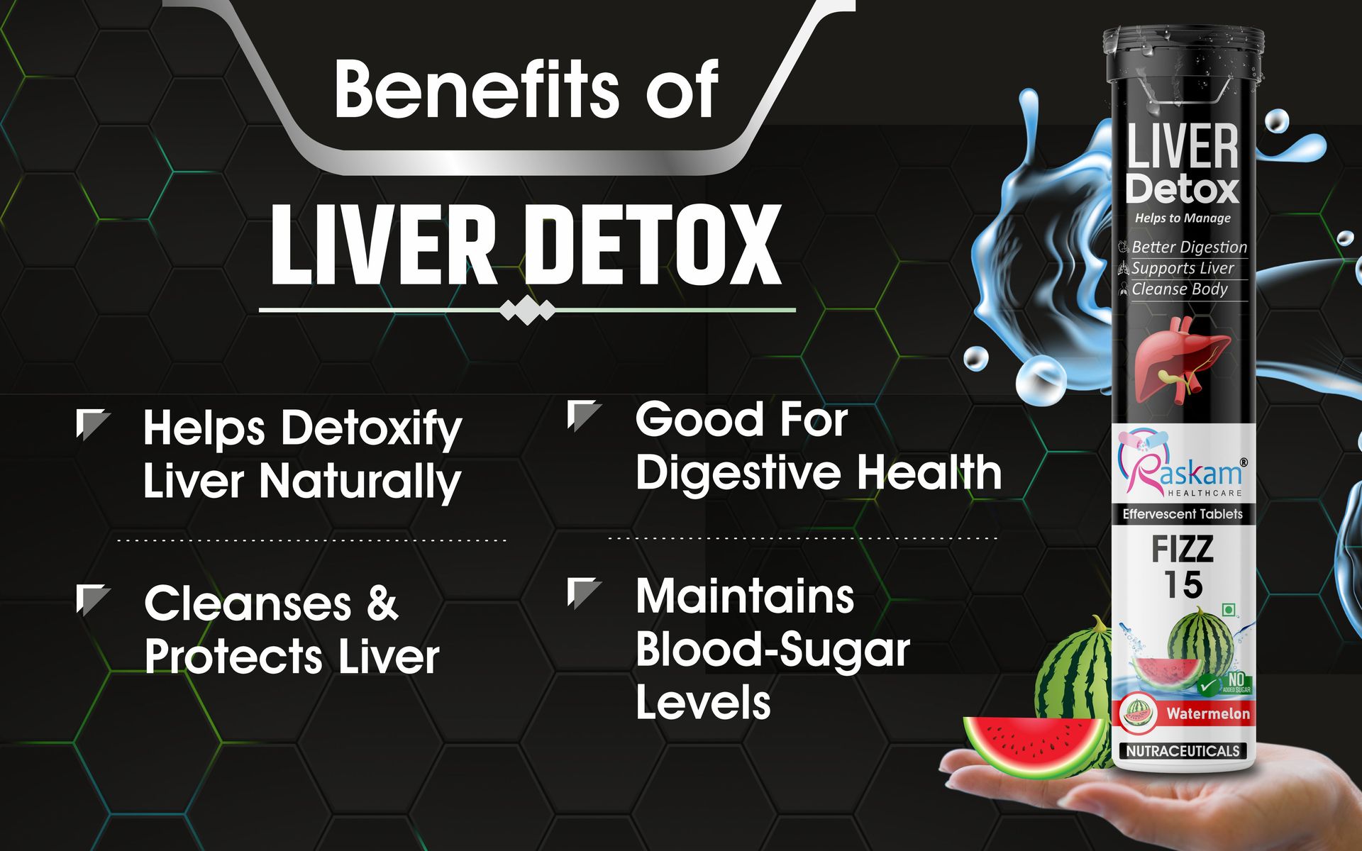 Liver Detox Effervescent – Plant-Based Detox with 9 Ayurvedic Herbs | Sugar-Free | Refreshing Watermelon Flavor | Drop, Fizz, Sip | Fizz 15 Tablets Pack of 4
