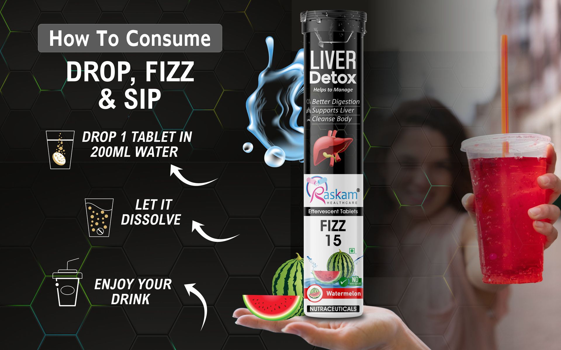 Liver Detox Effervescent – Plant-Based Detox with 9 Ayurvedic Herbs | Sugar-Free | Refreshing Watermelon Flavor | Drop, Fizz, Sip | Fizz 15 Tablets Pack of 4